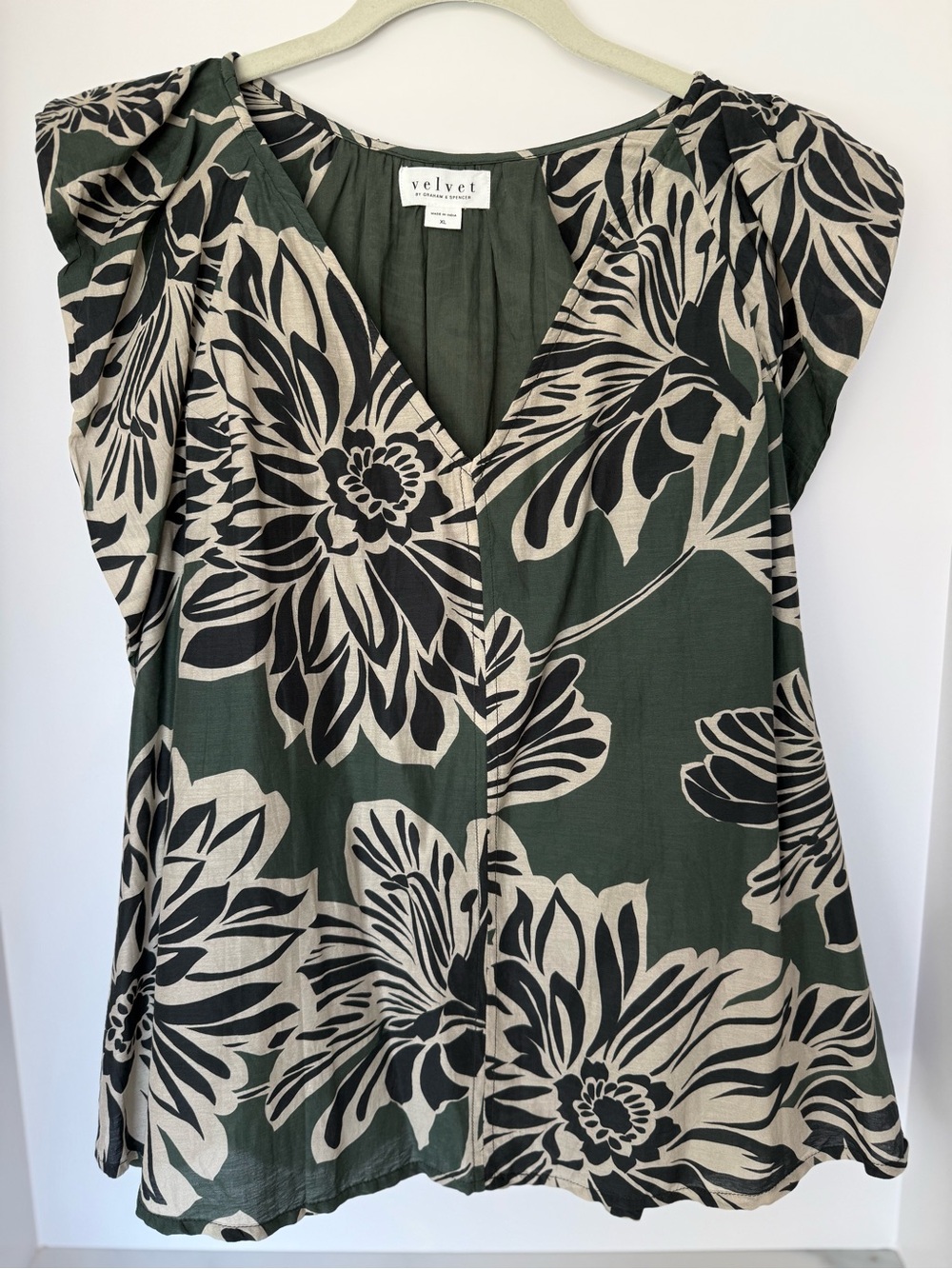 Velvet by Graham & Spencer Olive and Beige Floral V-Neck Blouse
